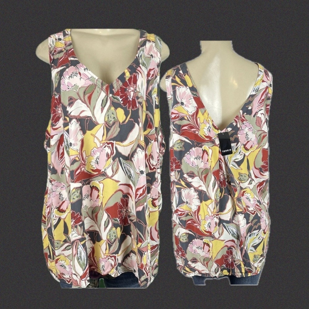 Torrid 4X Multicolor Floral Challis Stitch Detail Tank Top V-NecKline 100% Rayon